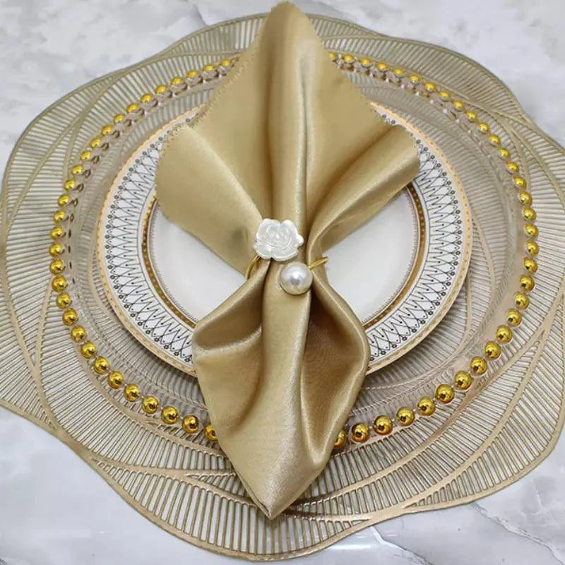 Anéis para Guardanapo Metálicos com Flores Pérola Mesa Lenogue 12 Unidades