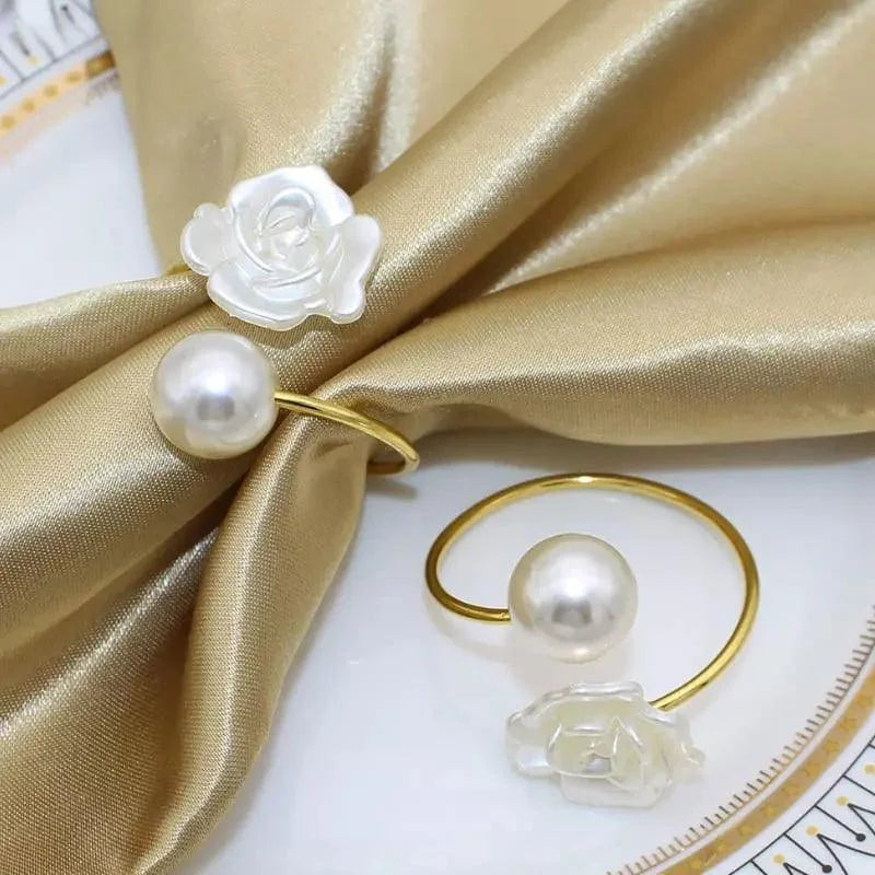 Anéis para Guardanapo Metálicos com Flores Pérola Mesa Lenogue