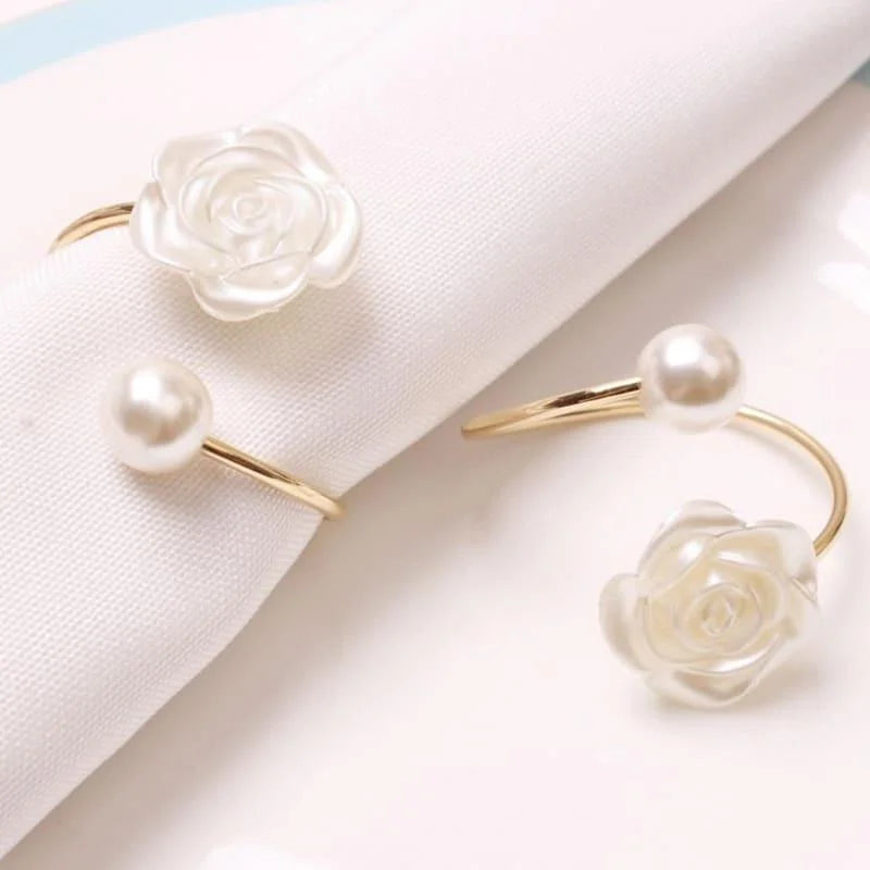 Anéis para Guardanapo Metálicos com Flores Pérola Mesa Lenogue