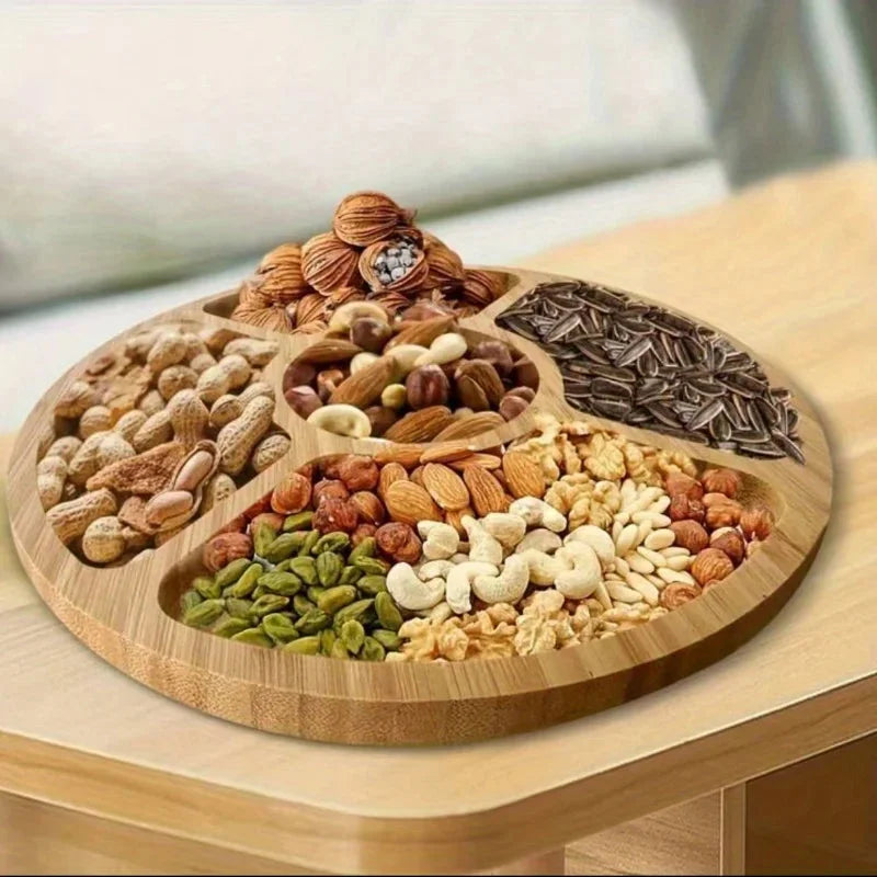 Bandeja Redonda de Bambu com Divisórias para Servir e Decorar Lenogue Madeira Natural