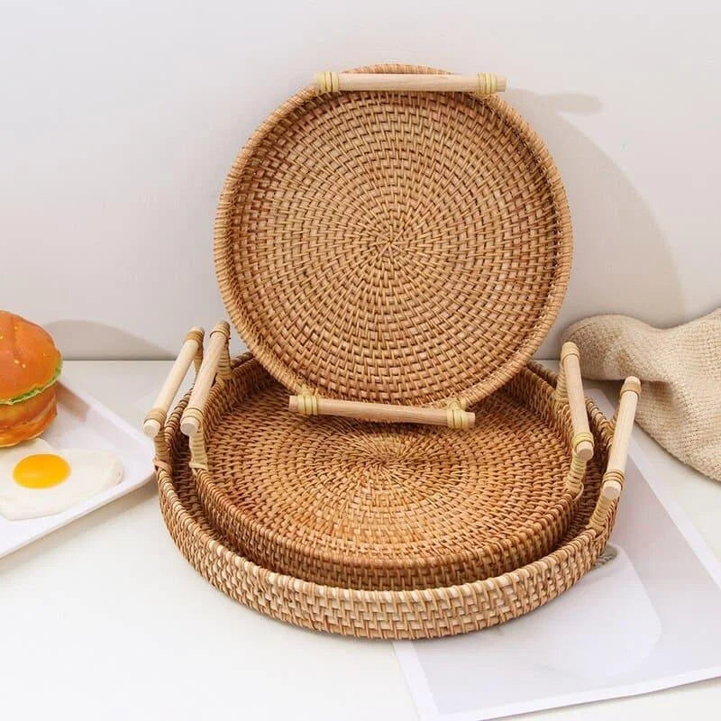 Bandeja Redonda de Vime em Rattan Feita à Mão para Mesa e Decoração Lenogue Kit 3 Peças (p + m + g)