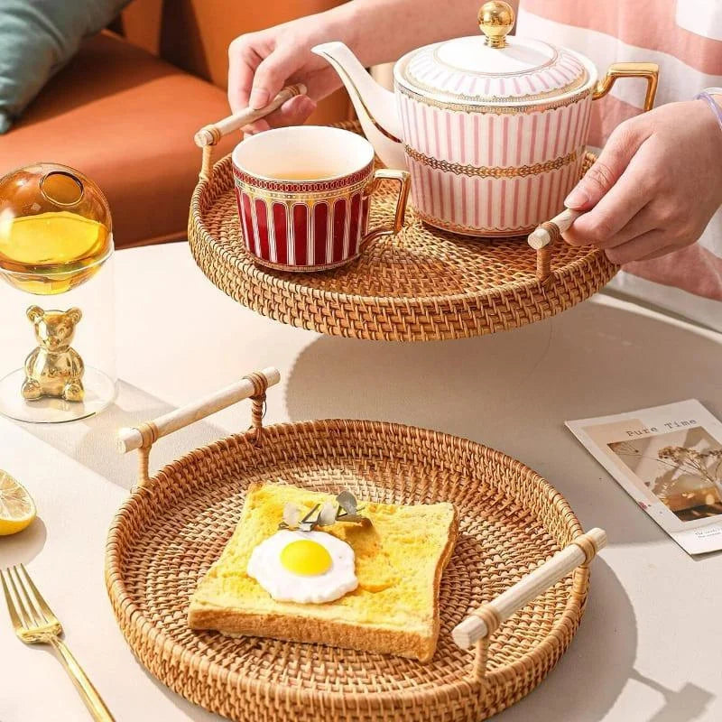 Bandeja Redonda de Vime em Rattan Feita à Mão para Mesa e Decoração Lenogue