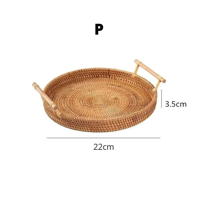 Bandeja Redonda de Vime em Rattan Feita à Mão para Mesa e Decoração Lenogue p - 22cm