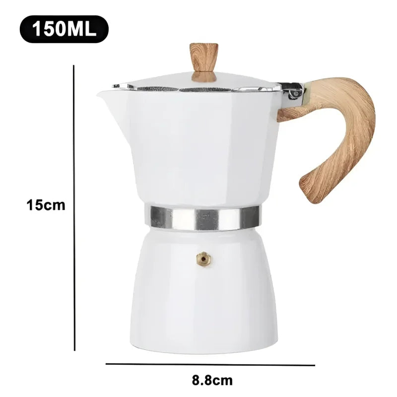 Cafeteira Moka de Alumínio com Cabo Madeira para Café Espresso Lenogue Branco - 150 Ml