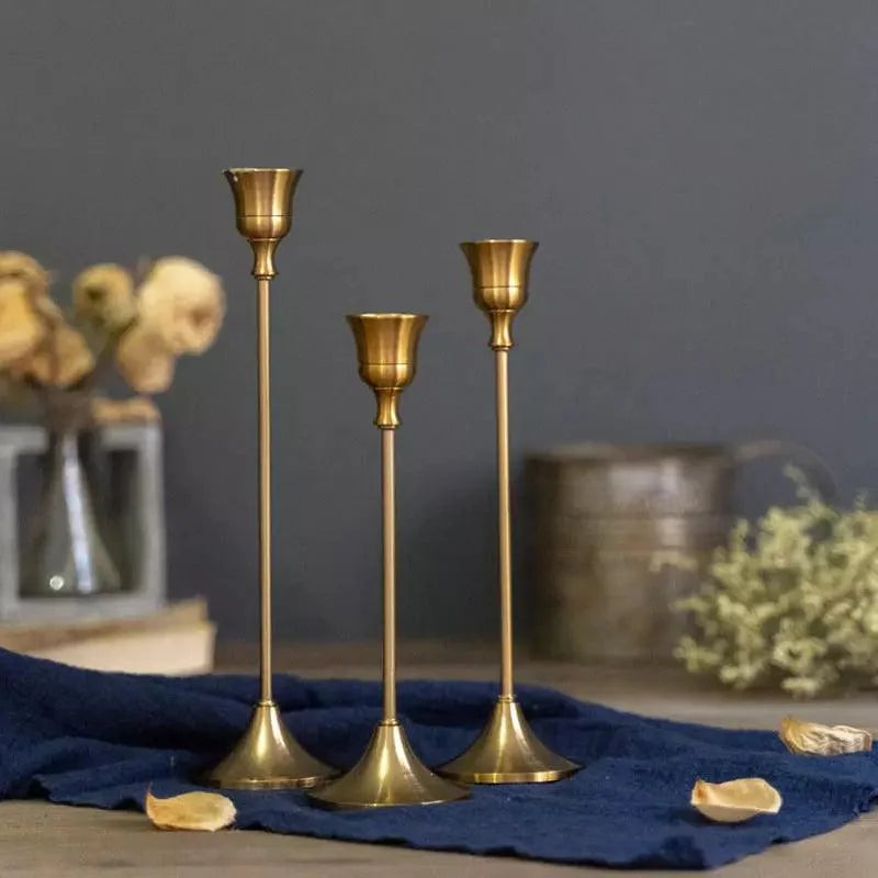 Candelabro Retrô de Metal para Velas e Decoração Clássica Lenogue Dourado (3 Peças)