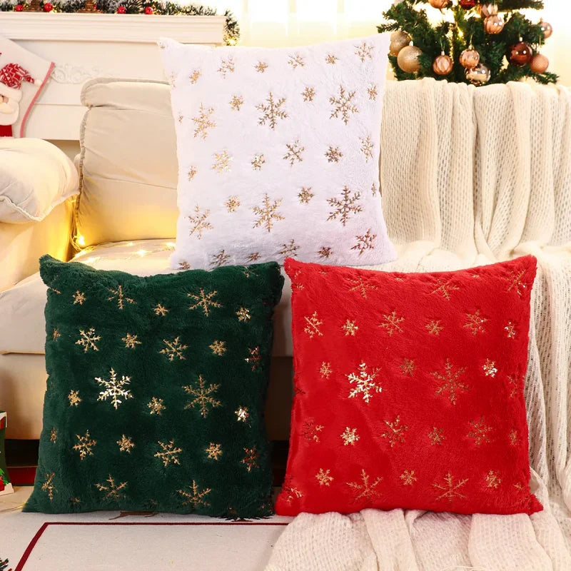 Capa de Almofada Natalina Plush com Paetê Dourado Bordado Lenogue