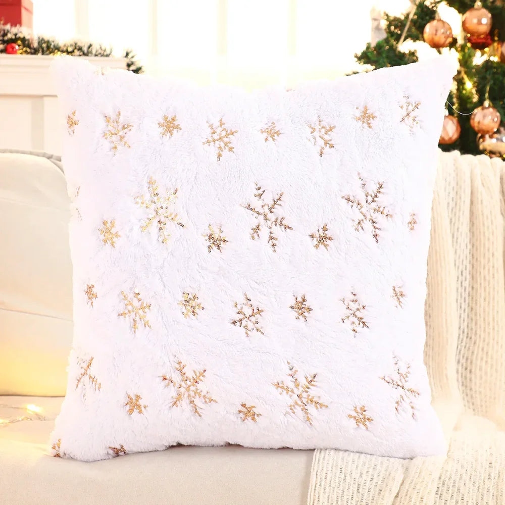 Capa de Almofada Natalina Plush com Paetê Dourado Bordado Lenogue