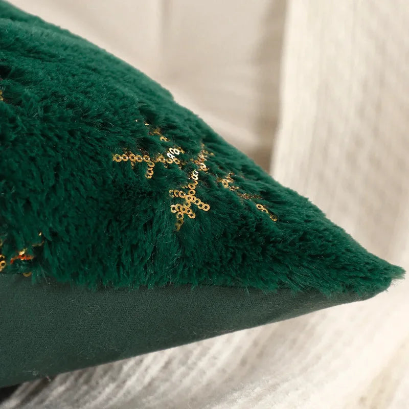 Capa de Almofada Natalina Plush com Paetê Dourado Bordado Lenogue