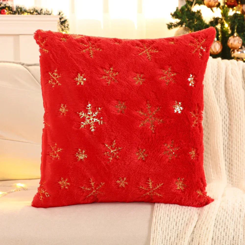 Capa de Almofada Natalina Plush com Paetê Dourado Bordado Lenogue Vermelho / 30 x 50 Cm