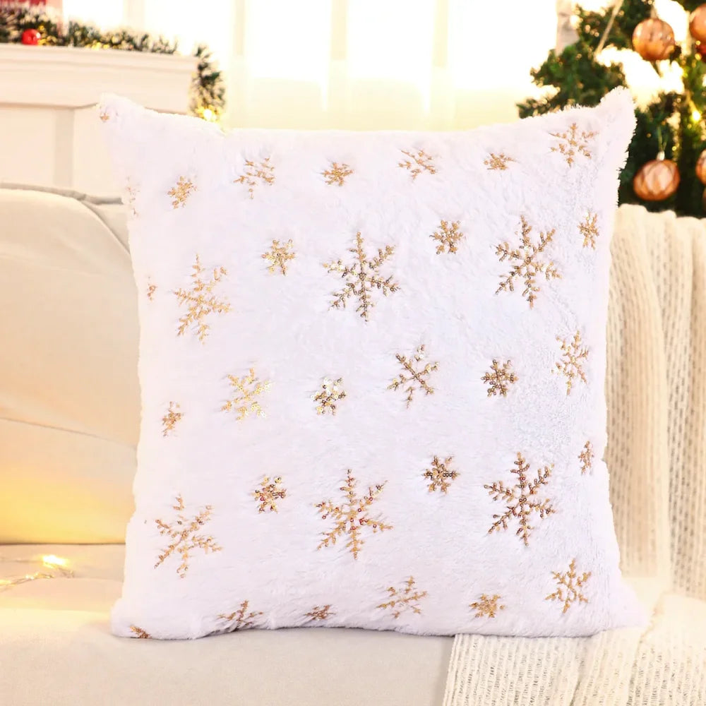 Capa de Almofada Natalina Plush com Paetê Dourado Bordado Lenogue Branco / 30 x 50 Cm