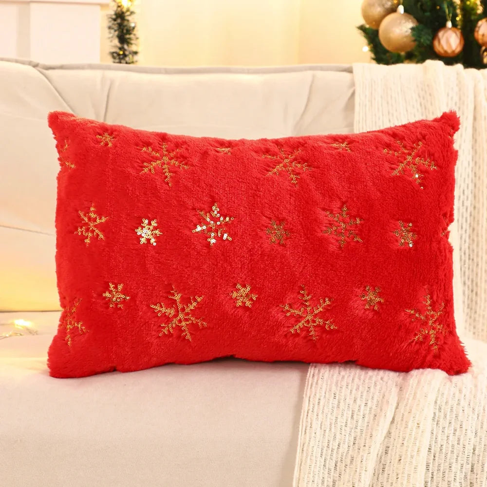 Capa de Almofada Natalina Plush com Paetê Dourado Bordado Lenogue