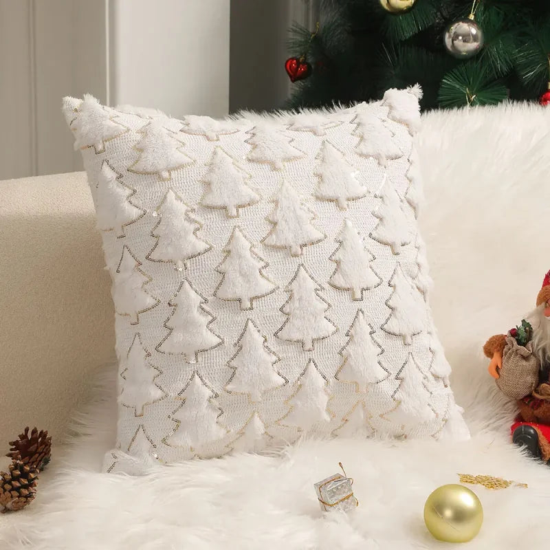 Capa de Almofada Plush Bordada Decorativa para Sala Natal Lenogue Branco / 45 x Cm