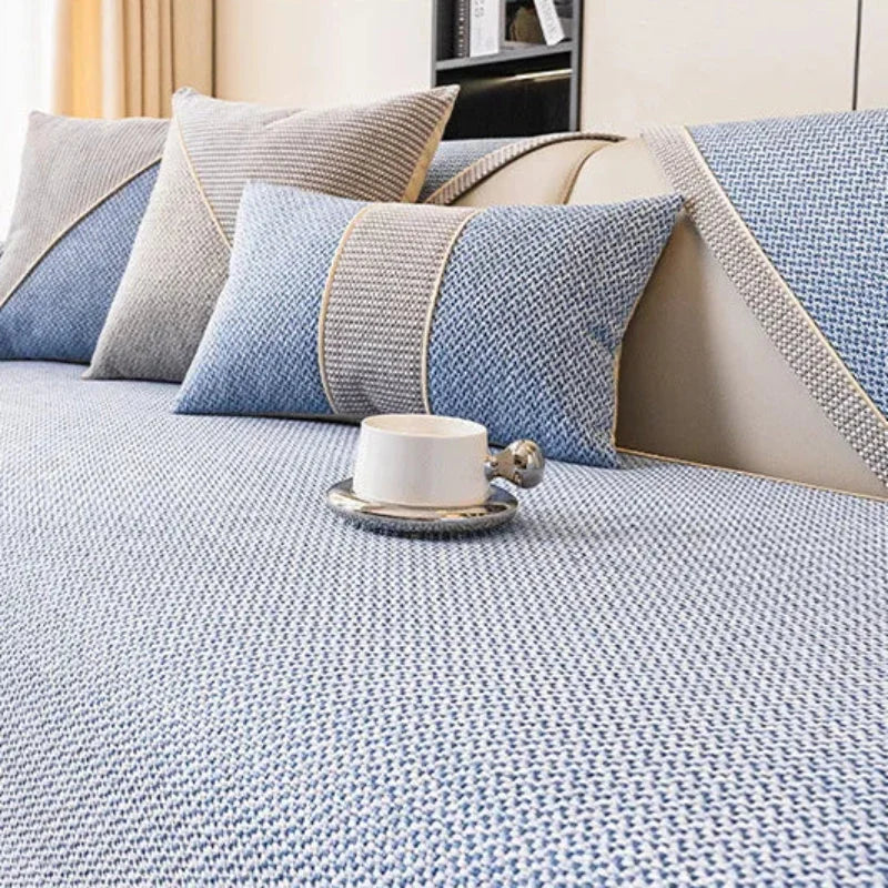 Capa de Sofá Antiderrapante em Algodão e Linho Azul Claro Lenogue