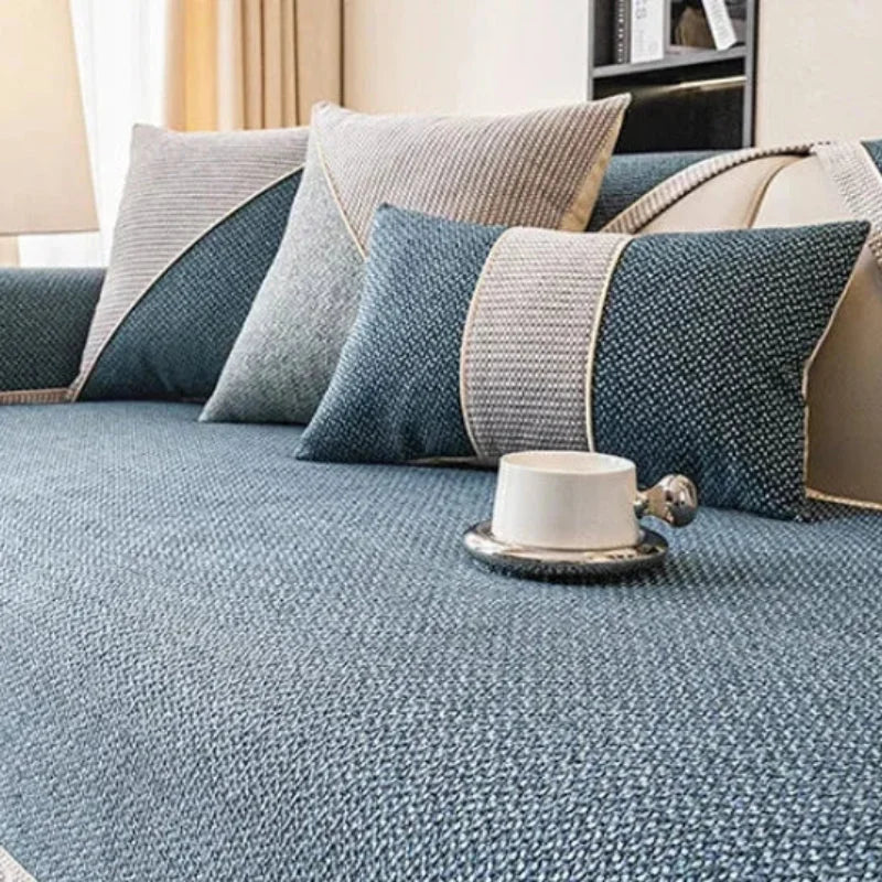 Capa de Sofá Antiderrapante em Algodão e Linho Azul Escuro Lenogue