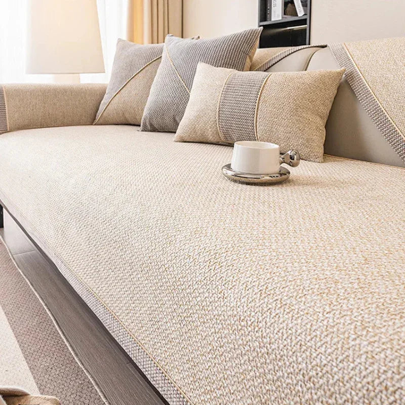 Capa de Sofá Antiderrapante em Algodão e Linho Bege Claro Lenogue