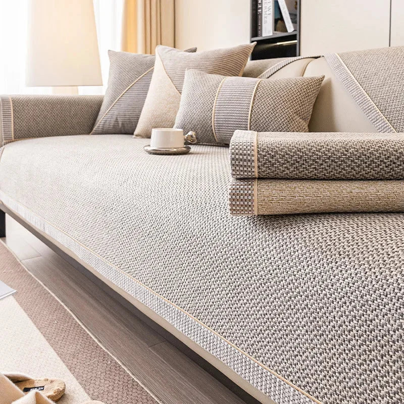 Capa de Sofá Antiderrapante em Algodão e Linho Bege Claro Lenogue