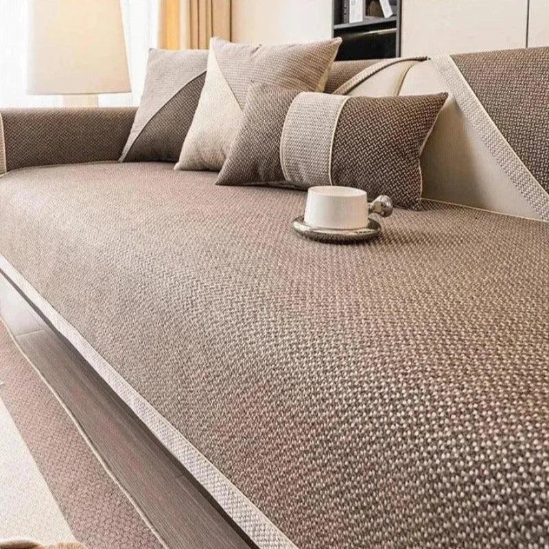 Capa de Sofá Antiderrapante em Algodão e Linho Marrom Lenogue