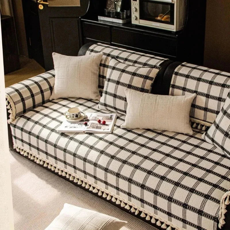 Capa de Sofá Antiderrapante em Algodão Linho com Franjas Lenogue