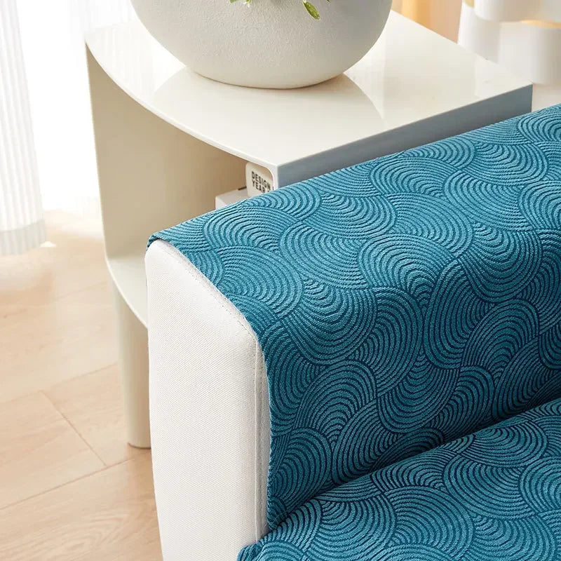 Capa de Sofá Chenille Jacquard Azul Antiderrapante com Relevo Lenogue