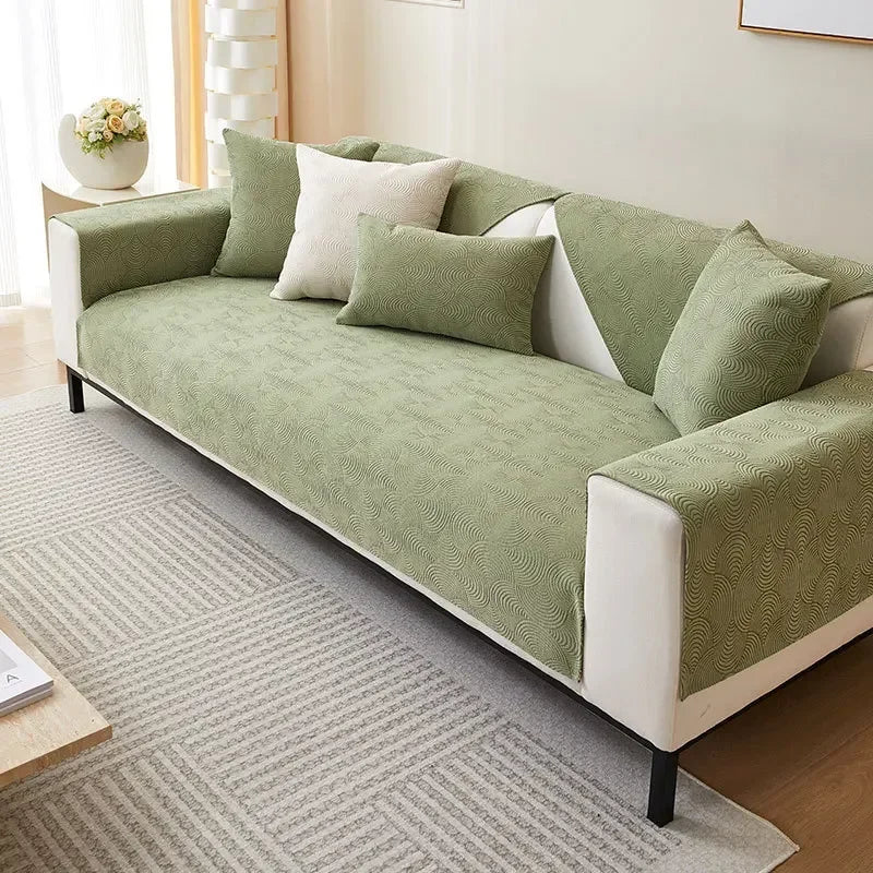 Capa de Sofá Chenille Jacquard Verde Antiderrapante com Relevo Lenogue