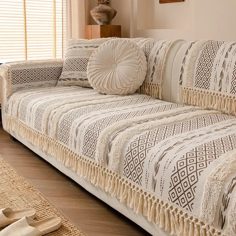 Capa de Sofá em Algodão e Linho com Design 3d Estilo Boho Lenogue Bege / 70x70 Cm