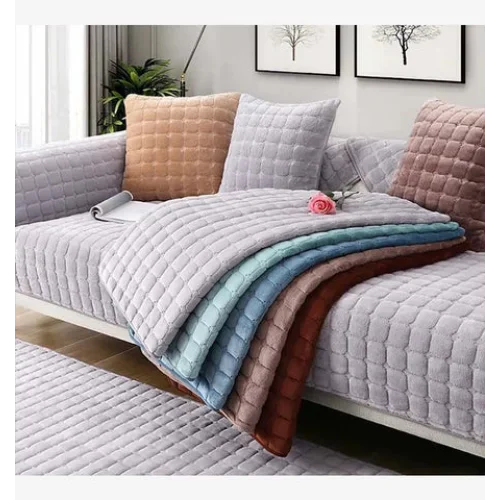 Capa de Sofá Veludo Xadrez Pelúcia Antiderrapante Espessada Bege Lenogue