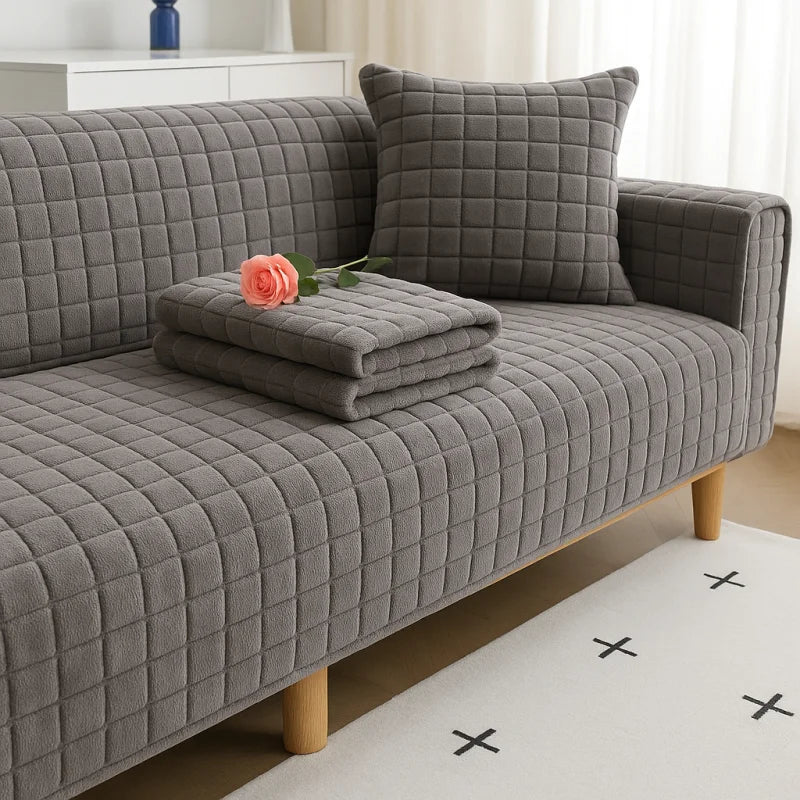 Capa de Sofá Veludo Xadrez Pelúcia Antiderrapante Espessada Cinza Lenogue