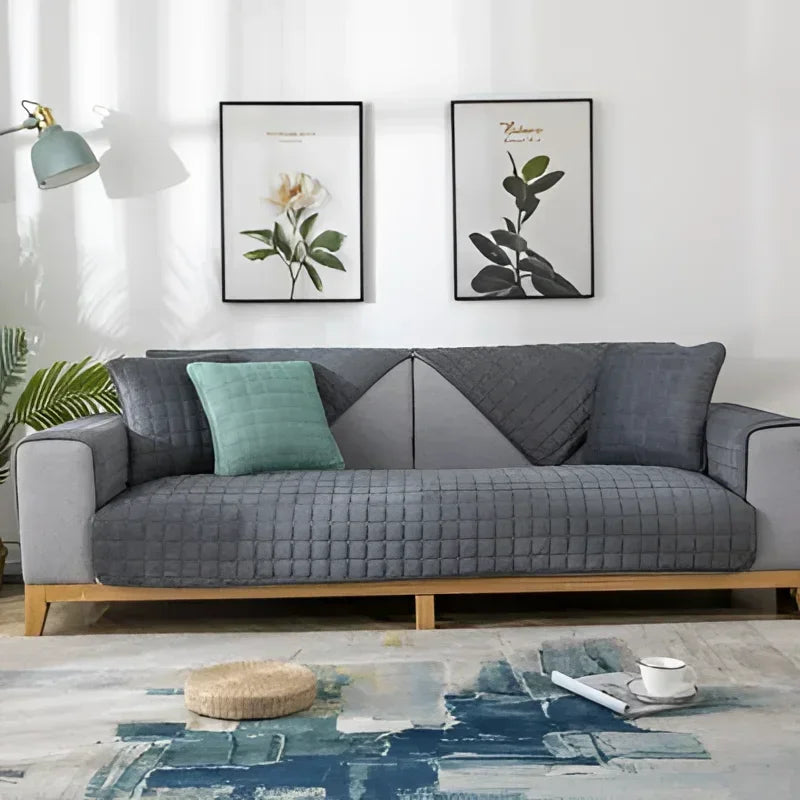 Capa de Sofá Veludo Xadrez Pelúcia Antiderrapante Espessada Cinza Lenogue
