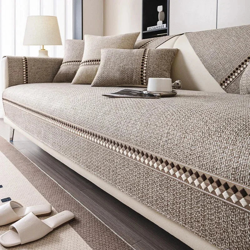 Capa para Sofá Algodão e Linho Antiderrapante Design Minimalista Caqui Lenogue / 70x70cm