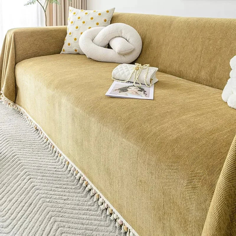 Capa para Sofá Amarelo Chenille Chevron Universal com Cobertura Total Lenogue / 180 x 130 Cm