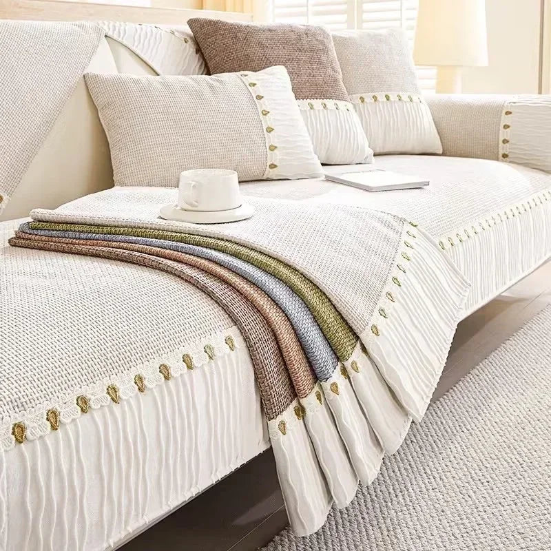 Capa para Sofá Chenille Antiderrapante com Acabamento Elegante Branco Lenogue / 70x70cm