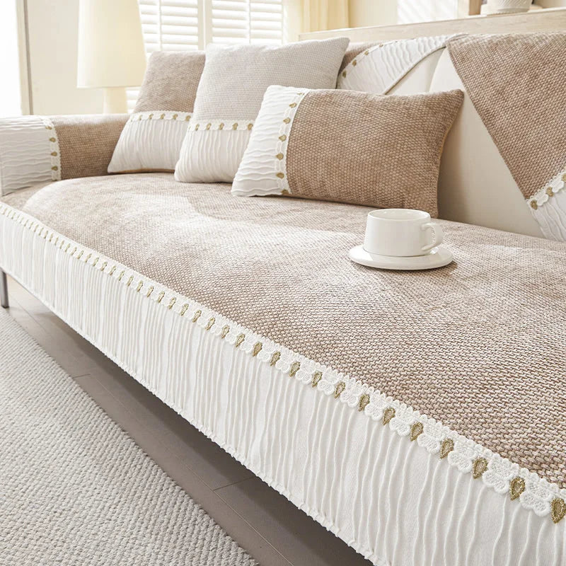 Capa para Sofá Chenille Antiderrapante com Acabamento Elegante Marrom Claro Lenogue