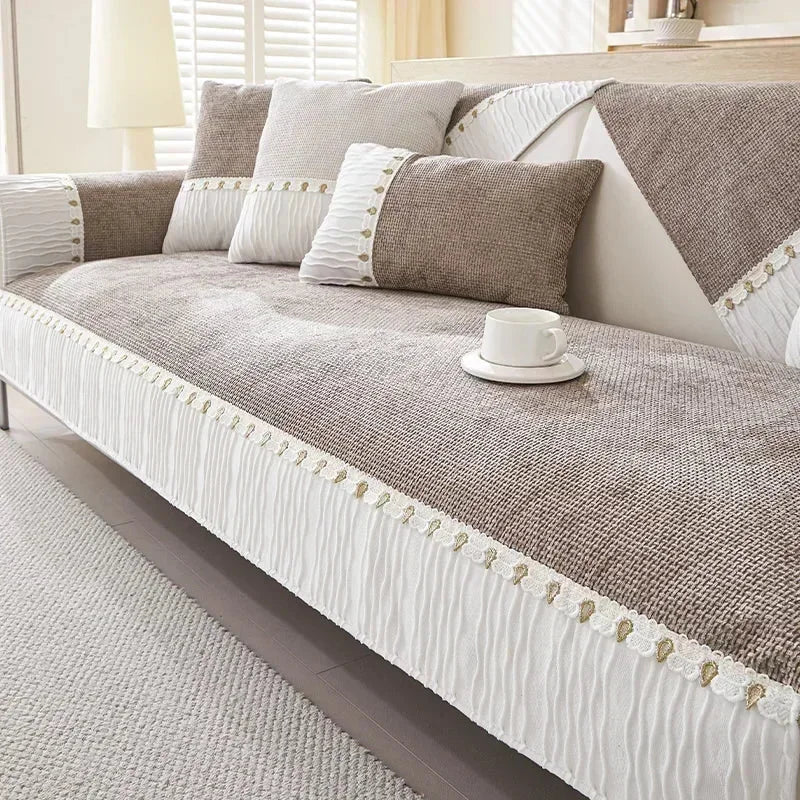 Capa para Sofá Chenille Antiderrapante com Acabamento Elegante Marrom Escuro Lenogue / 70x70cm