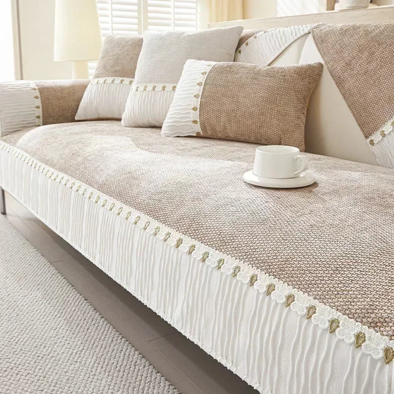 Capa para Sofá Chenille Antiderrapante com Acabamento Elegante Marrom Claro Lenogue / 70x70cm