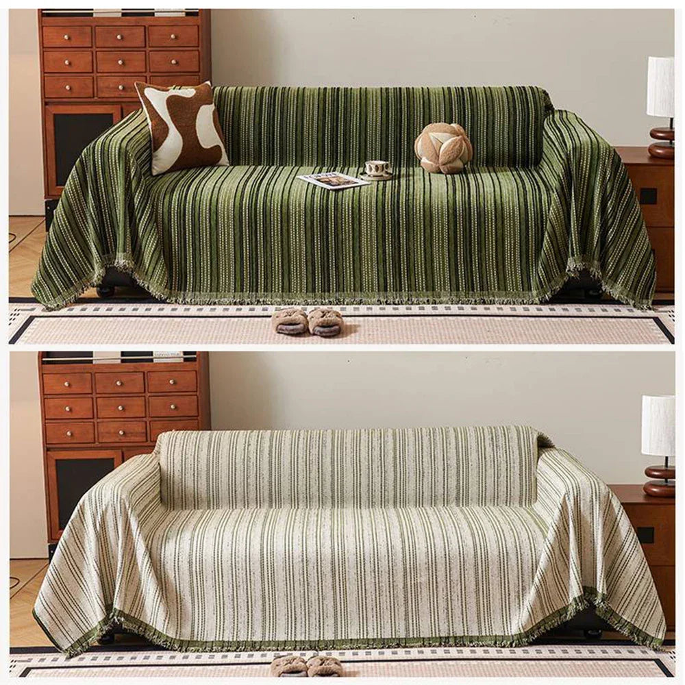 Capa para Sofá Chenille Bege com Listras Decorativas em Peça única Lenogue