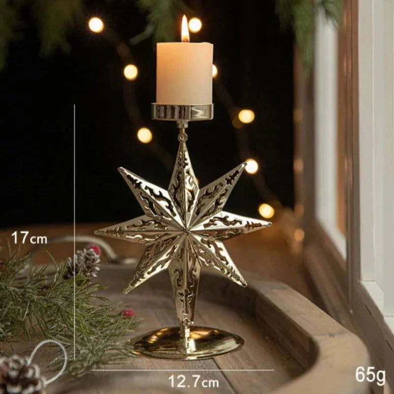 Castiçal de Ferro Dourado com Estrela e Rena Decoração Natal Lenogue 8 Pontas