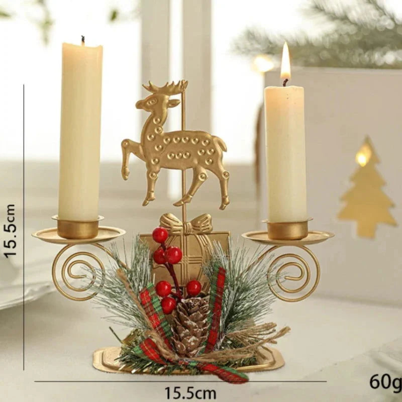 Castiçal de Ferro Dourado com Papai Noel e Rena Decoração Natal Lenogue