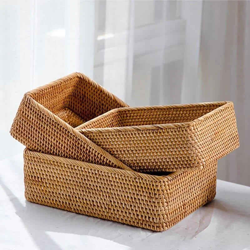 Cesto Organizador de Palha Rattan Feito à Mão para Decoração Natural Lenogue