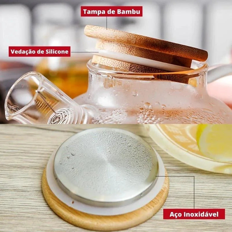 Chaleira de Vidro Borossilicato com Tampa Bambu para Chá 1l Lenogue