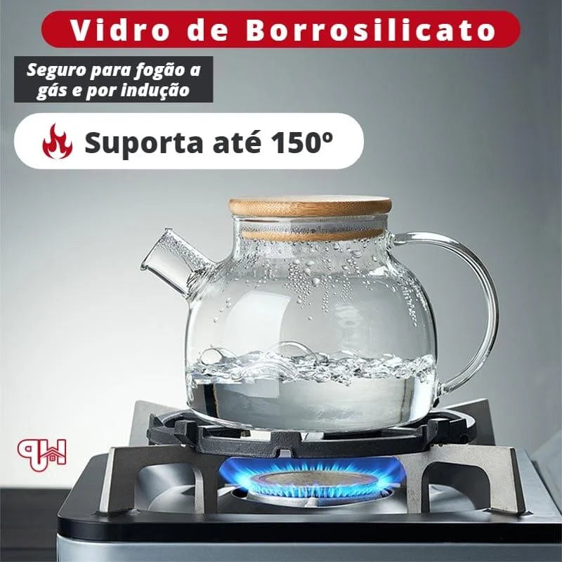 Chaleira de Vidro Borossilicato com Tampa Bambu para Chá Lenogue