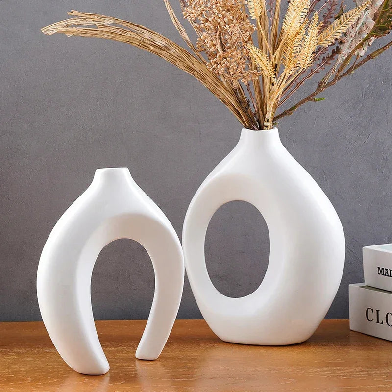 Conjunto com 2 Vasos Decorativos de Casal para Sala e Mesa Lenogue Branco