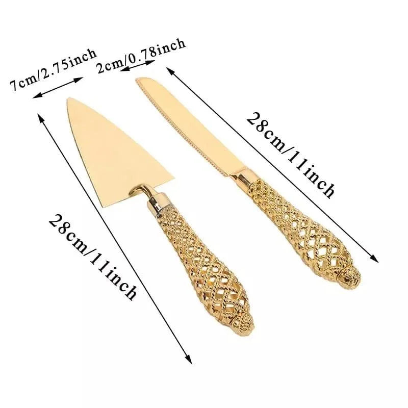 Conjunto de Espátula e Faca Dourada para Bolo Lenogue Dourado / 2 Peças