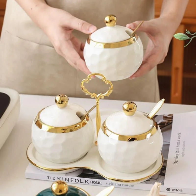 Conjunto de Potes Cerâmica Açucareiro e Saleiro Branco para Cozinha Lenogue