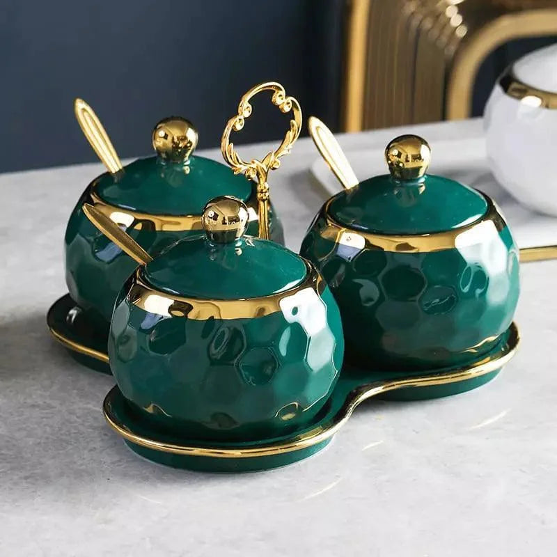 Conjunto de Potes Cerâmica Açucareiro e Saleiro Branco para Cozinha Lenogue Verde
