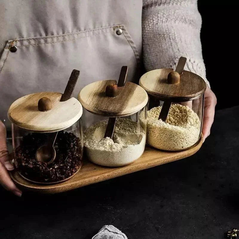 Conjunto de Potes Vidro Tampa Madeira para Organizar Cozinha Lenogue