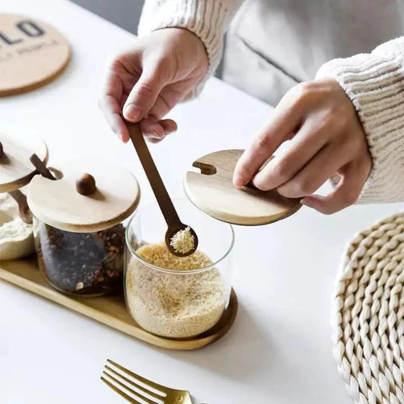 Conjunto de Potes Vidro Tampa Madeira para Organizar Cozinha Lenogue