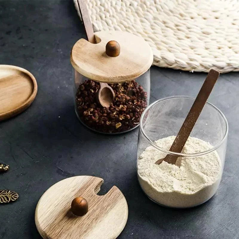 Conjunto de Potes Vidro Tampa Madeira para Organizar Cozinha Lenogue