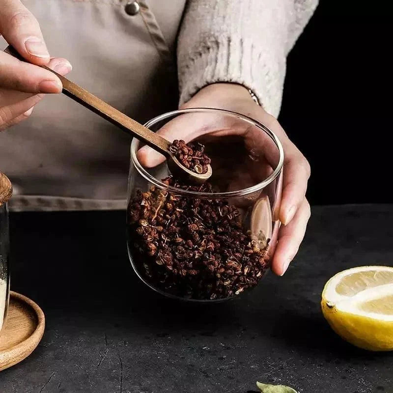 Conjunto de Potes Vidro Tampa Madeira para Organizar Cozinha Lenogue