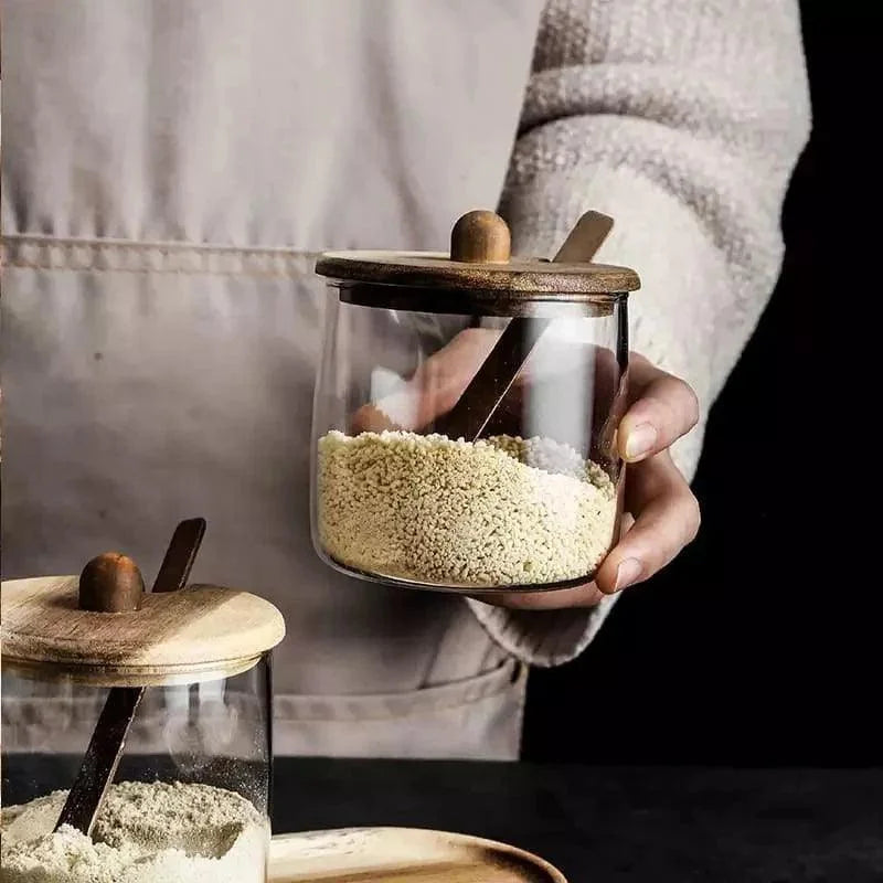 Conjunto de Potes Vidro Tampa Madeira para Organizar Cozinha Lenogue