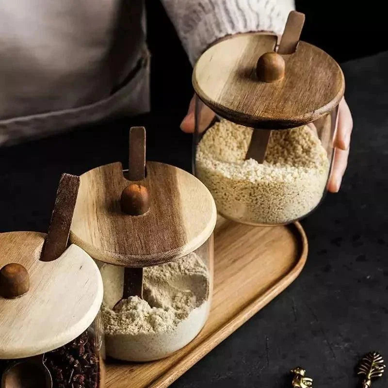 Conjunto de Potes Vidro Tampa Madeira para Organizar Cozinha Lenogue